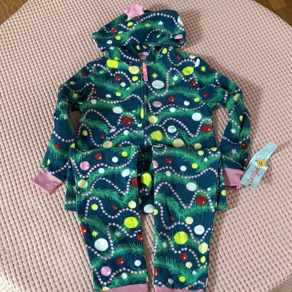 NWT Cat & Jack Colorful Christmas Tree one Piece Pajama Size 6/7